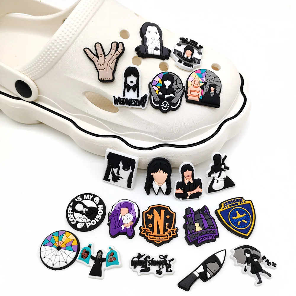 New 1pcs Fantasy American Drama Wednesday Cartoon decorate PVC Garden Shoe Charms Accessories kids adults Party Gifts