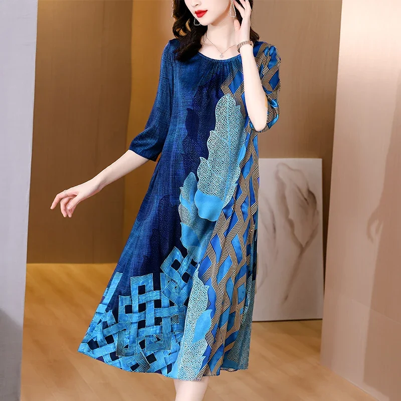 2024 Blue Print Natural Silk Midi Dress Summer New Elegant Loose Waist Plus Size Dress Women Korean Vintage Casaul Party Dress