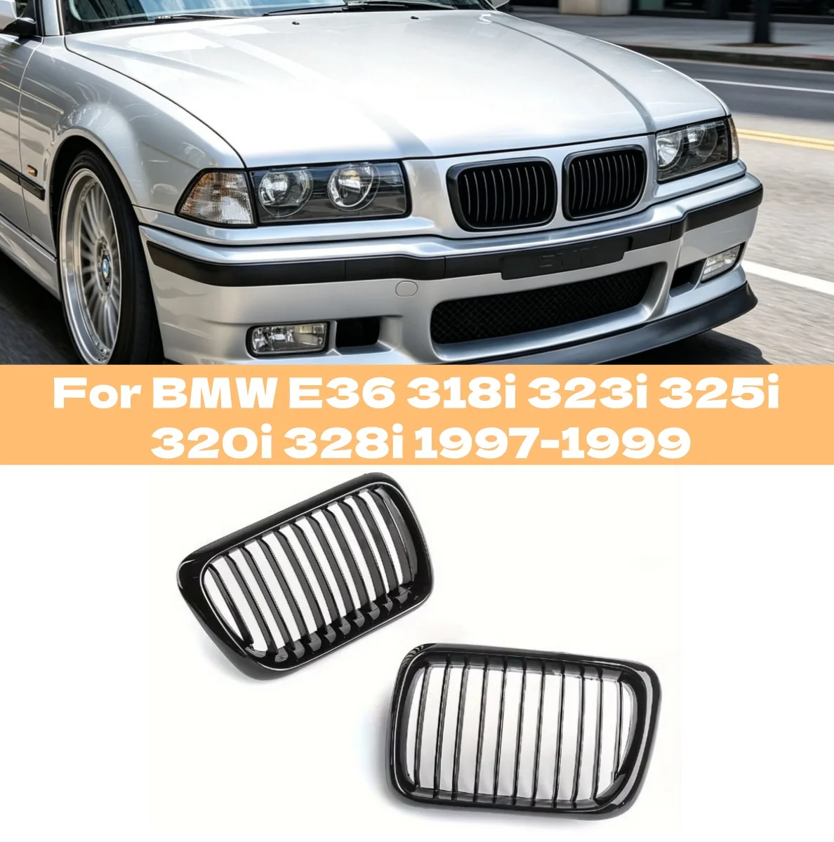 Für BMW E36 318i 323i 325i 320i 328i 1997-1999 Vorderer Nierengrill Ersatz-Kühlergrill Racing-Stoßstangen-Upgrade Hochglanz Schwarz