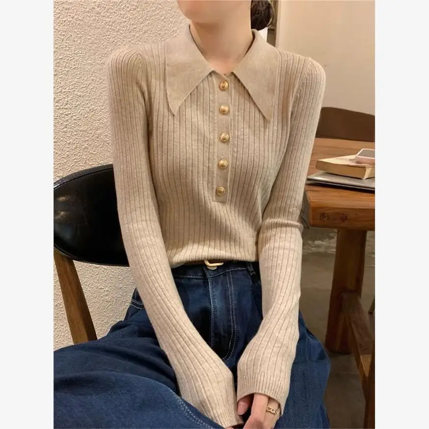 

Ele Collar Knitted Sweater Metal Button Base irt Sli Beautiful Faionable Polyester Cotton Ciwalk Suit
