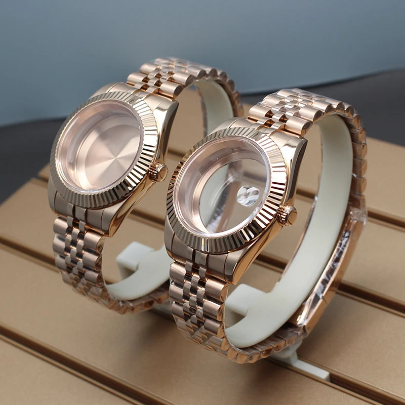 36mm40mm NH35 Watch Case Rose Gold Strap Sapphire Glass For NH35 NH36 NH34 NH38 NH70 Miyota8215 Movement 28.5mmDial Fluted bezel