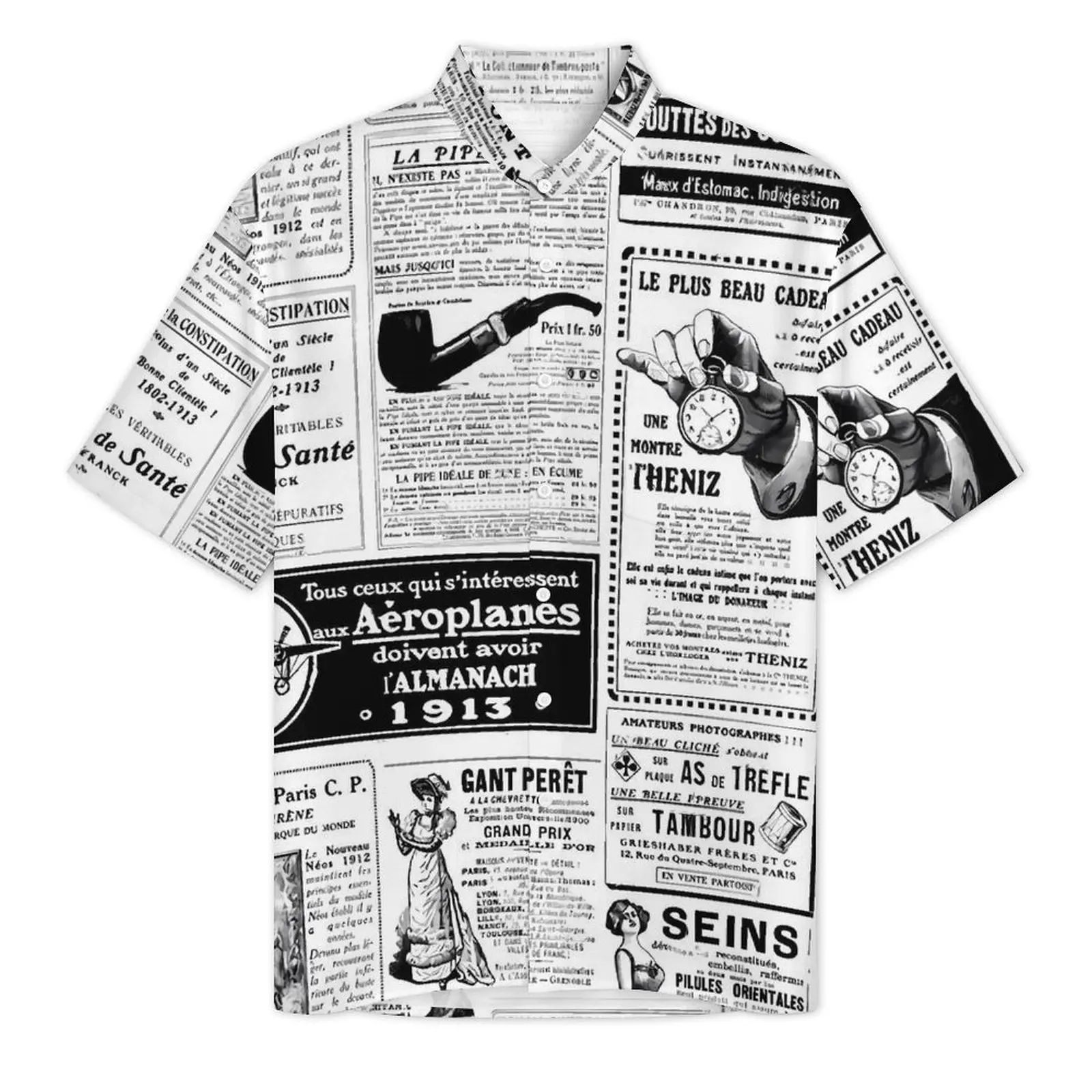 Victorian Newspaper Vacation Shirt Man Black White Letter Retro Casual Shirts Hawaiian Short Sleeve Streetwear Oversized Blouses