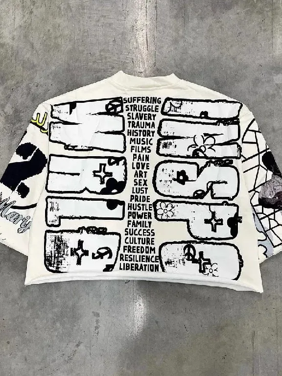 Y2K T Shirt Mid Langarm Männer Frauen Punk Hip Hop Graffiti Stil Grafik Gedruckt Übergroßen T Shirt Harajuku Lose Kurze MN5X