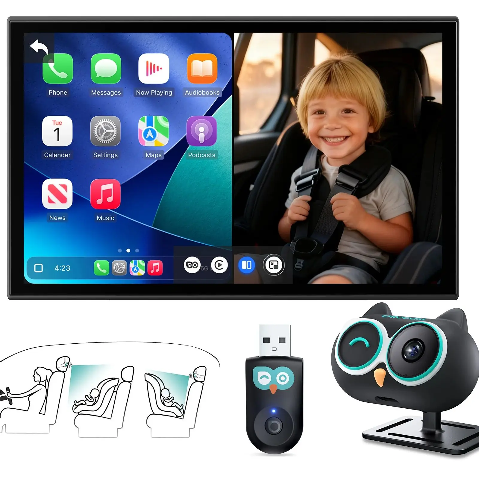 OTTOCAST Cabin Care Baby Autocamera Draadloze Carplay Adapter 1080P 150 °   Groothoek nachtzichtmonitor voor achterbank, eenvoudig te installeren - afbeelding 2