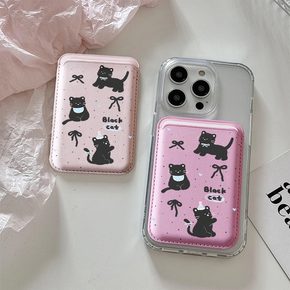 Niedliche schwarze Katzen-Leder-Kartenhülle mit Magnetverschluss, geeignet für alle iPhones, kompatibel mit MagSafe, Kartenhalter für die Rückseite des Telefons. – Detail 2