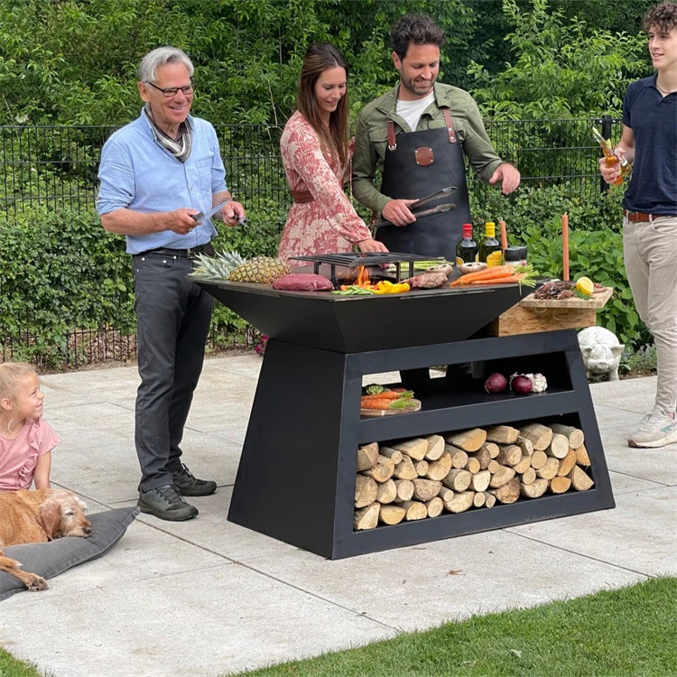 Corten Steel Bbq Set/outdoor Charcoal Bbq Grill Metal Barbecue Fire Pit With Grill Table Wood