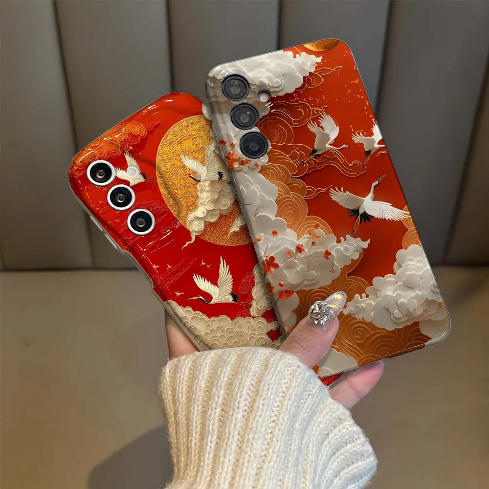 

Red Sun Crane Cloud Phone Case For Samsung Galaxy A21s A23 A24 A25 A31 A 32 33 34 35 36 51 53 54 55 56 73 Wave Oil Film