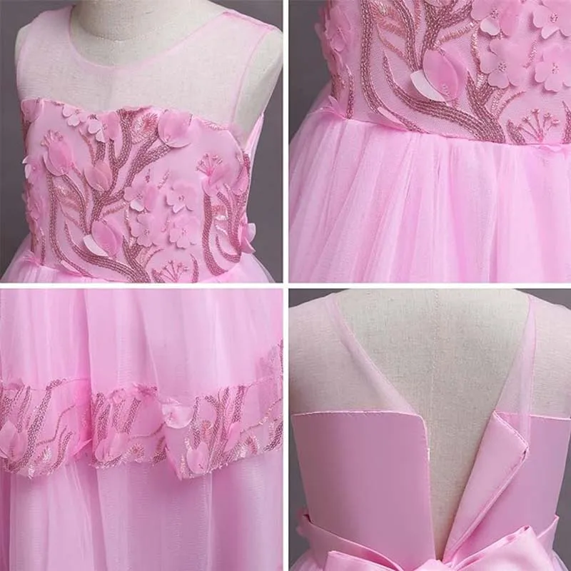 Vestidos Pink Flower Girl com apliques, tule inchado, sem mangas, princesa, festa noturna, primeira comunhão, vestido de baile infantil para casamento