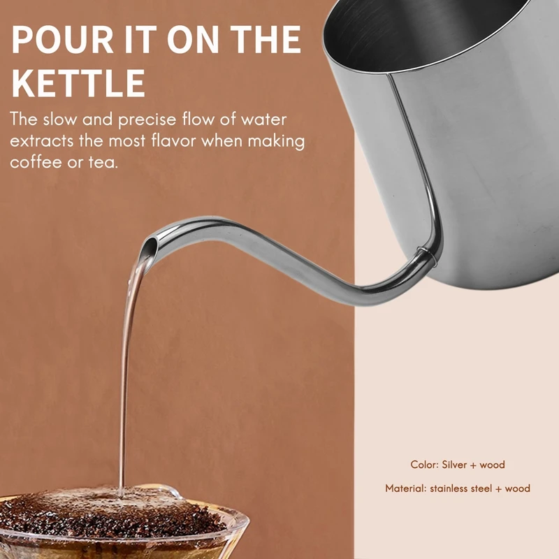 جديد-350 مللي طويل ضيق صنبور إبريق قهوة معقوفة غلاية الفولاذ المقاوم للصدأ اليد بالتنقيط غلاية صب فوق القهوة وعاء الشاي مع الخشب