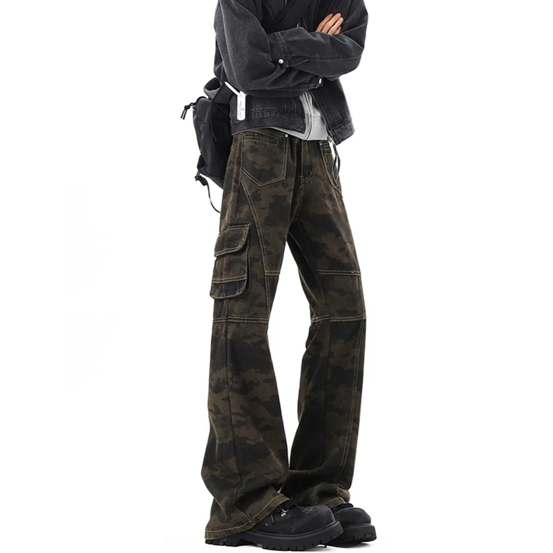 Camouflage Vintage Men Large Pocket Jeans Daily High Street Slim Fit Straight Leg Bootcut Bending Knife Fashion Male Cargo Pants