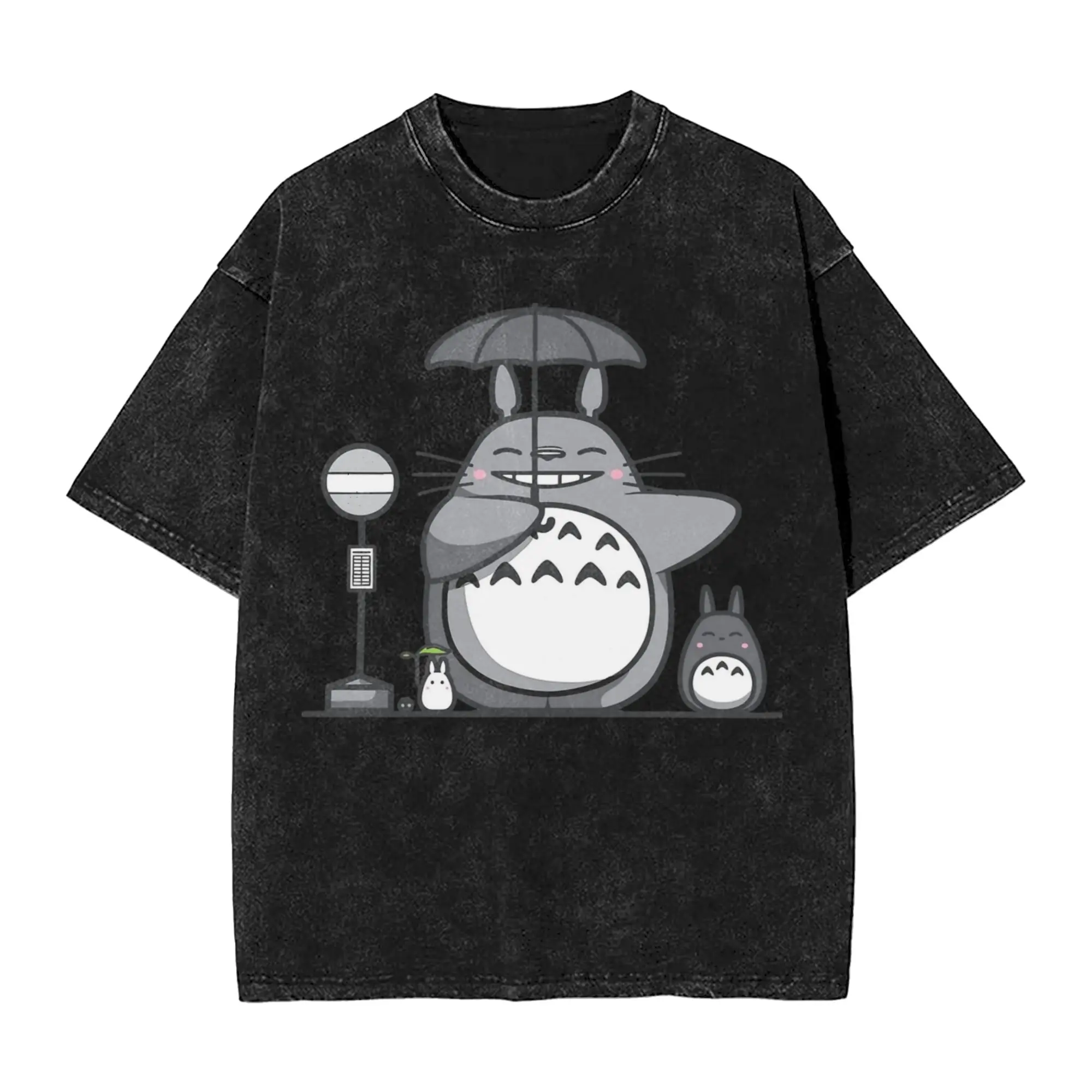 Gewaschene T-Shirts Anime Totoro-Miyazaki Bring The Umbrella T-Shirts Harajuku Streetwear Kurzarm bedruckte T-Shirts für Männer und Frauen – Detail 5