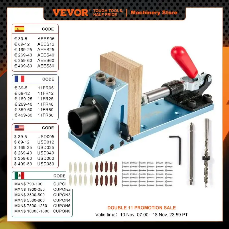 VEVOR Pocket Hole Jig Kit System M4 Upgraded Aluminum Adjustable Carpenter Joinery Woodworking Drilling Guide Carving Tool Set