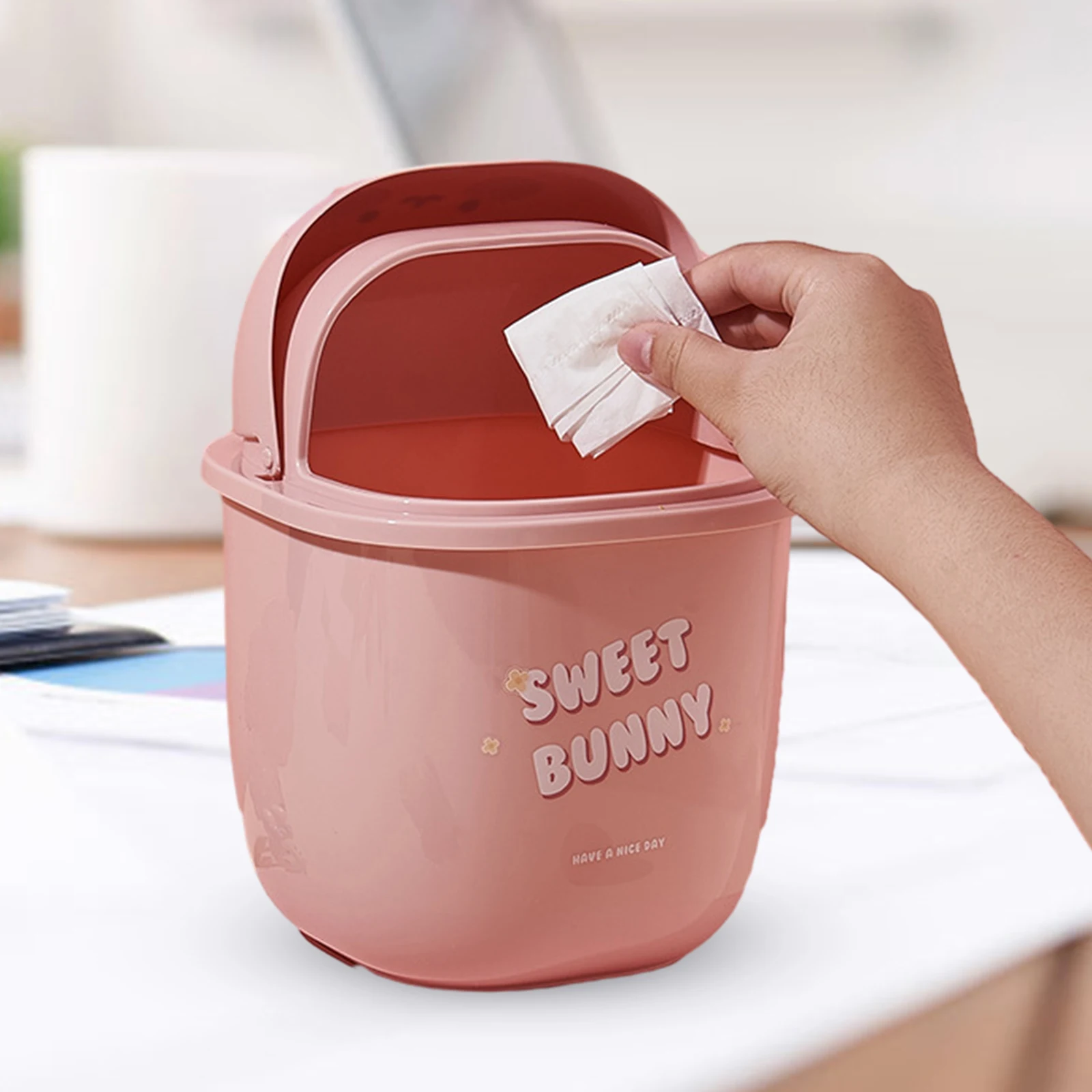 5L Cute Desktop Basket Can Desk Mini Garbage Container Creative Rabbit Shaped Mini Trash Can with Flip Lid for Office Bathroom