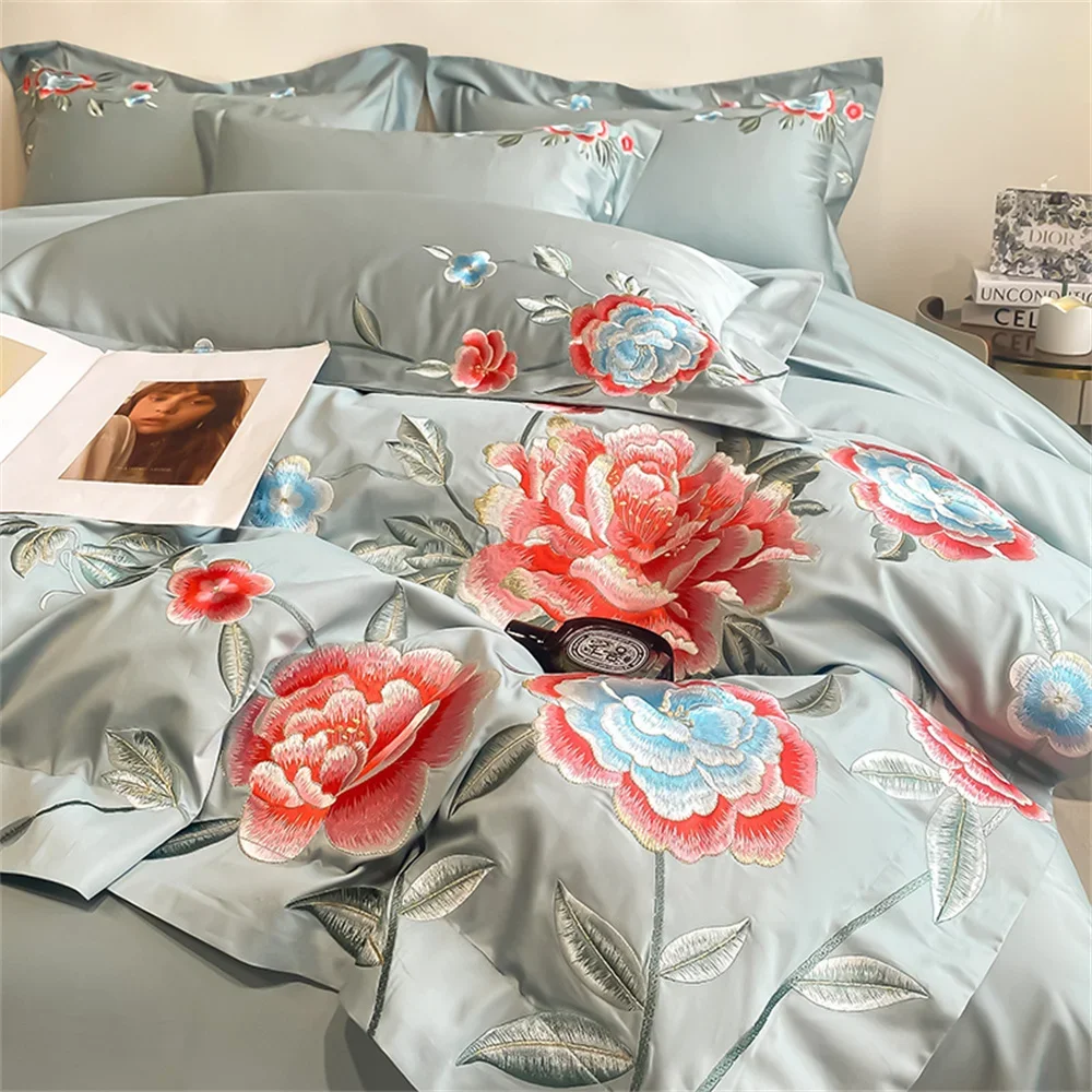 Svetanya Pink Flowers Chinese Traditional Egyptian Cotton Bedding Set Queen King Size Bedlinens Fitted Sheet Duvet Cover Set