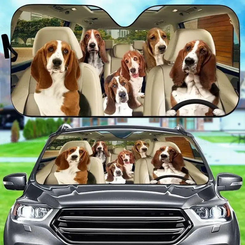 Funny Basset Hound Car Sunshade, Dogs Family Sunshade, Dog Car Accessories, Car Decoration, Auto Sun Shade, Basset Sunshade LNG1