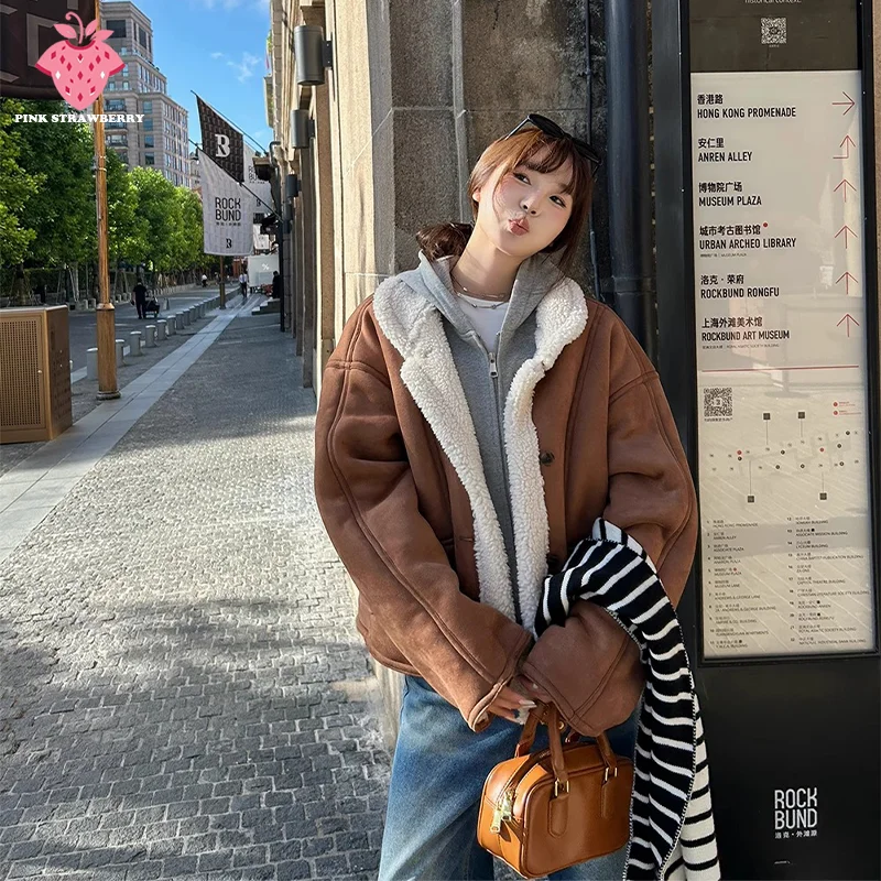 

2025 New Winter Women's Lamb Fur Coat Loose Plush Fit Hooded Outerwear Casual Sle Thiened Long Sve Regular Length Women clothing