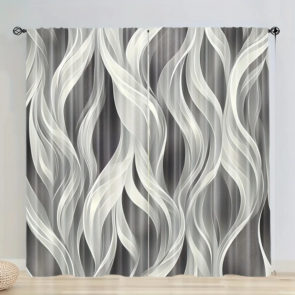 Modern Dark Gray Light-Filtering Curtains with Artistic Wave Pattern – for Living Room & Various Rooms Decor