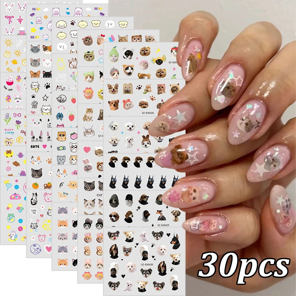 

30pcs Lovely Cat Dog Animal Nail Art Stickers 3D Soft Cute Pretty Kitten Puppy Adhesive Nail Decals Korean Cartoon Manicure Deco