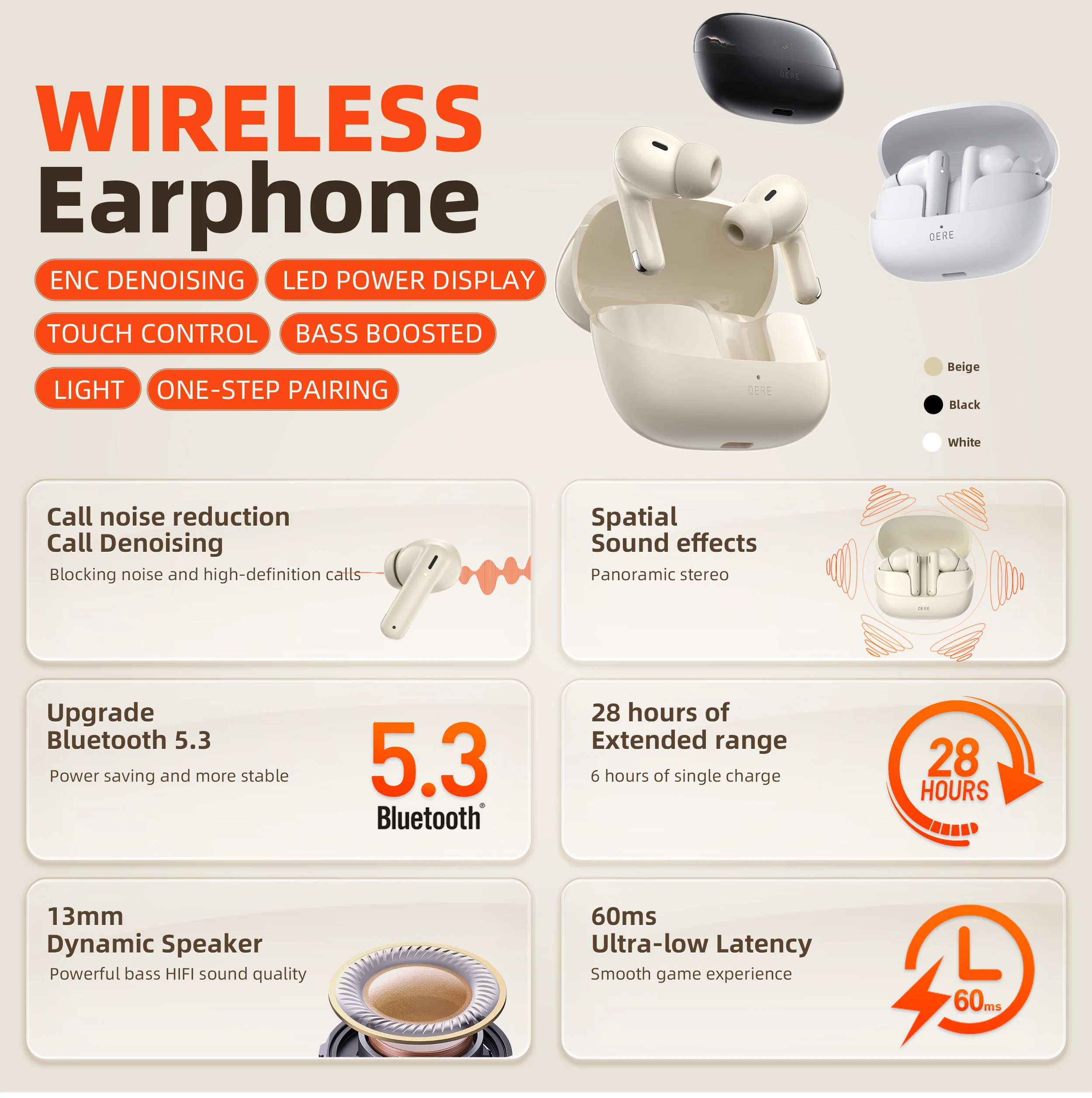 Wireless Headphones,QERE E38,NEW TWS Bluetooth 5.3,HD Microphone,HIFI Earphones,13mm Driver,60ms Low Latency,4 Mics+ENC Call