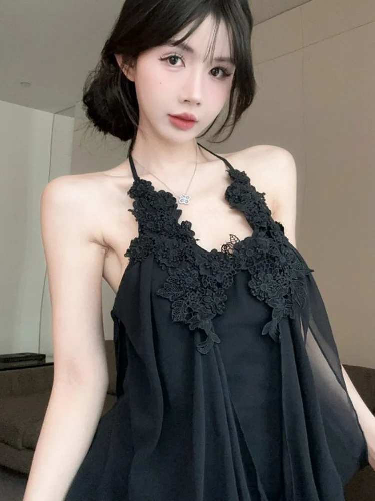 Vestido Preto Floral com Decote Costu nas Costas, Saia Solta de Chiffon para Mulheres, Saia Curta A-Line Única e Desejável