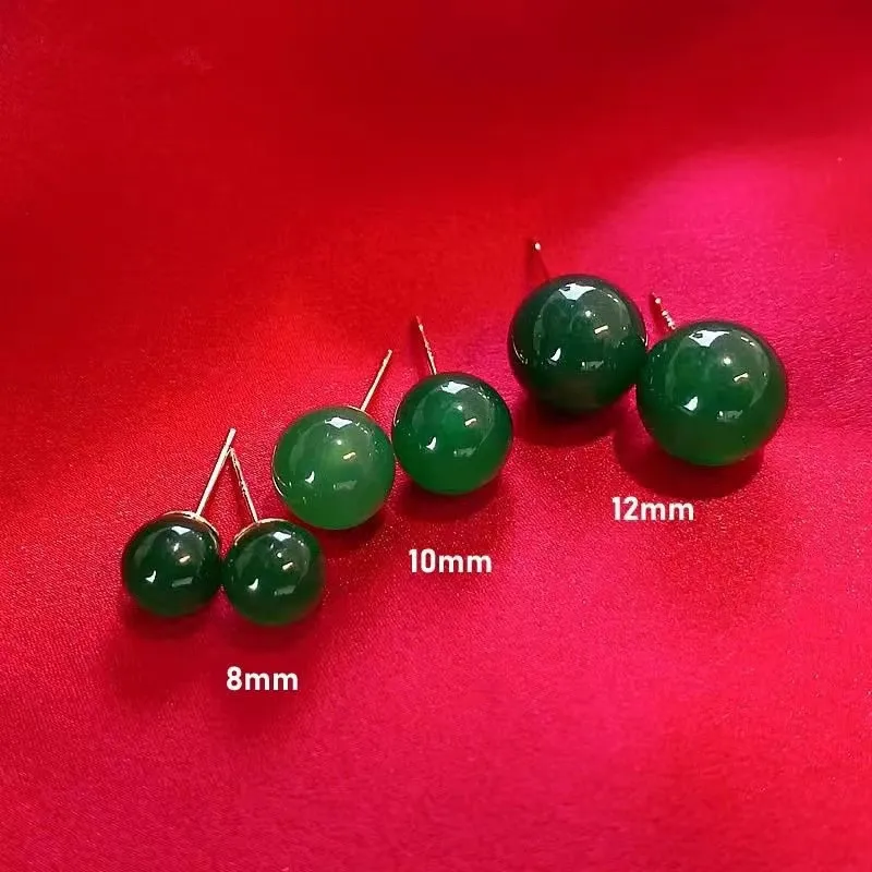 

Silver Needle Green Agate New Chinese Style Earrings Retro Palace Emerald Ball Earrings Elegant Green Chalcedony Earrings