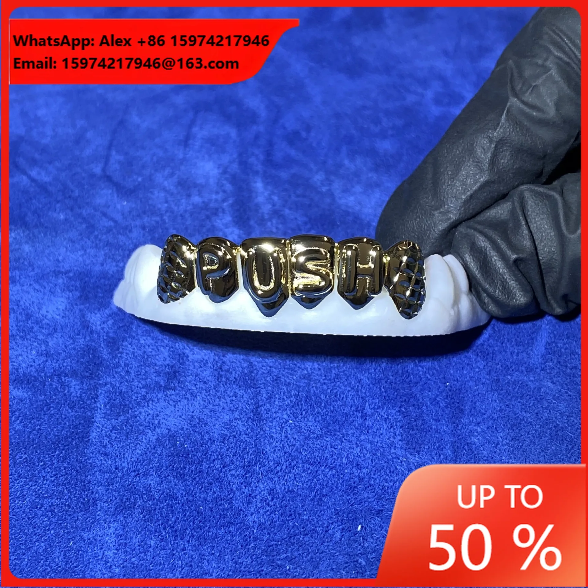 925 Silver Glossy PUSH Letter Dental Decoration Hip-hop Style Dental Decoration European And American Cross-border Hot-selling