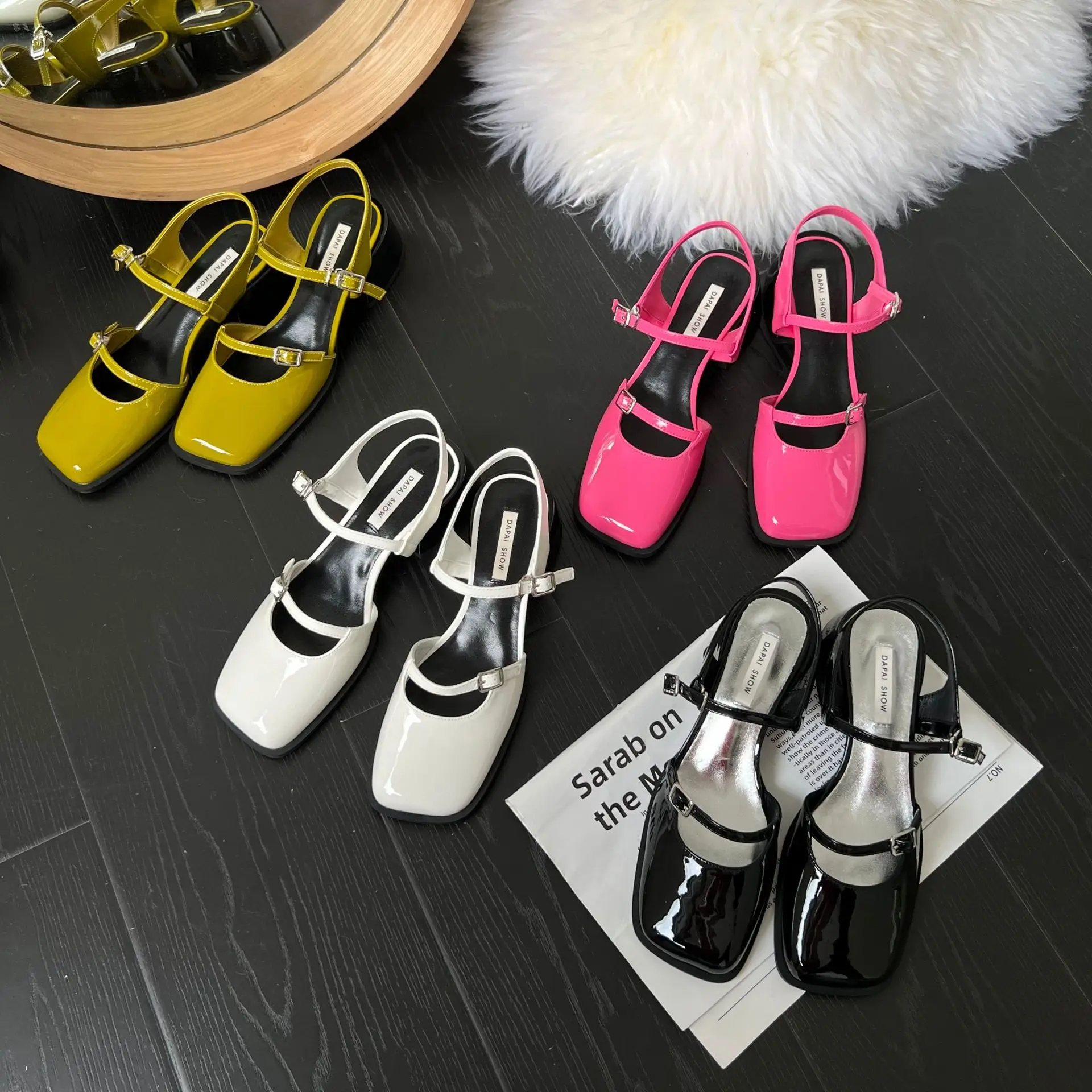 Vintage Square Toe Summer Sandals Women Thick High Heels Shoes Ladies Mary Janes Pumps Luxury Designer Female Slingbacks 35-39