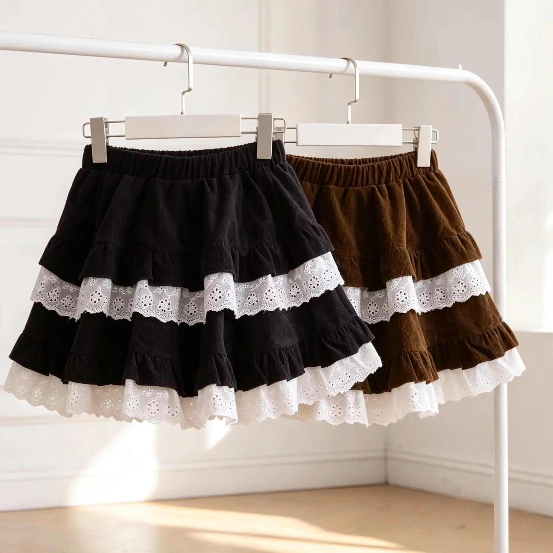 Girls Corduroy Tiered Skirt Autumn Winter Kids Ruffle Eyelet Lace Trim Elastic Waist Mini Skirt For Toddler Little Girls 3-12Y