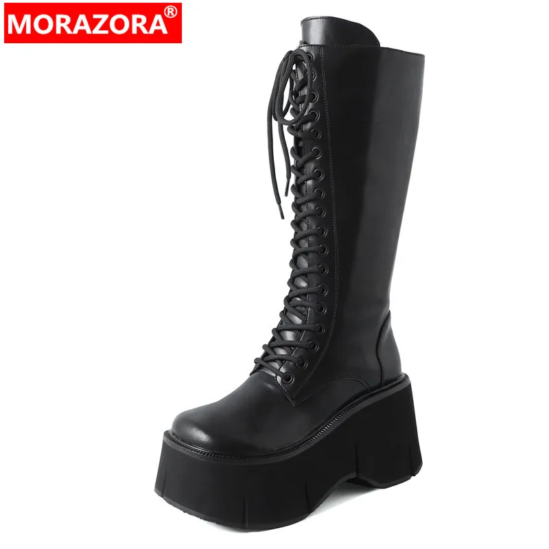 

MORAZORA 2024 New Genuine Leather Platform Winter Boots Cool Zipper Knee High Boots Narrow Band Chunky Heels Stretch Boots