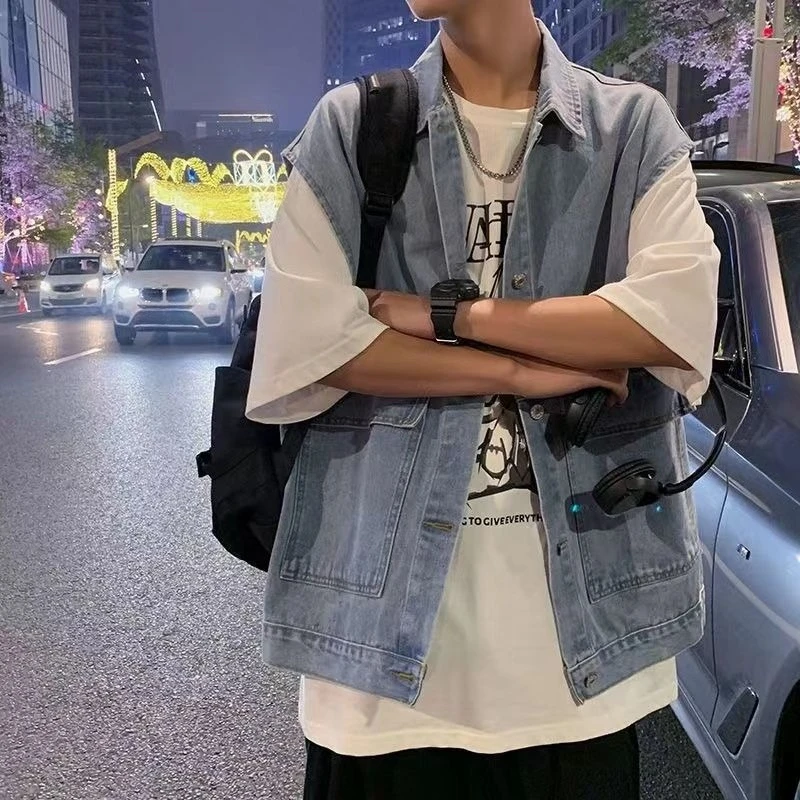 

INS Inspired Laid Back Men's Denim Vest Effortless Streetwear Crop Top Large Utility Pockets 2025 Summer Casual Wear​
