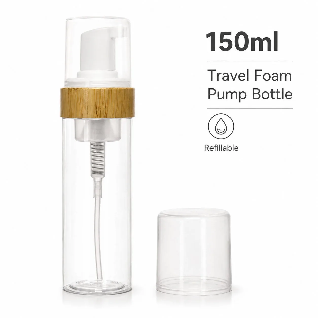 150ml Travel Bamboo Foam Pump Bottle Refillable Hand Sanitizer Shampoo Soap Dispenser Cosmetic Container