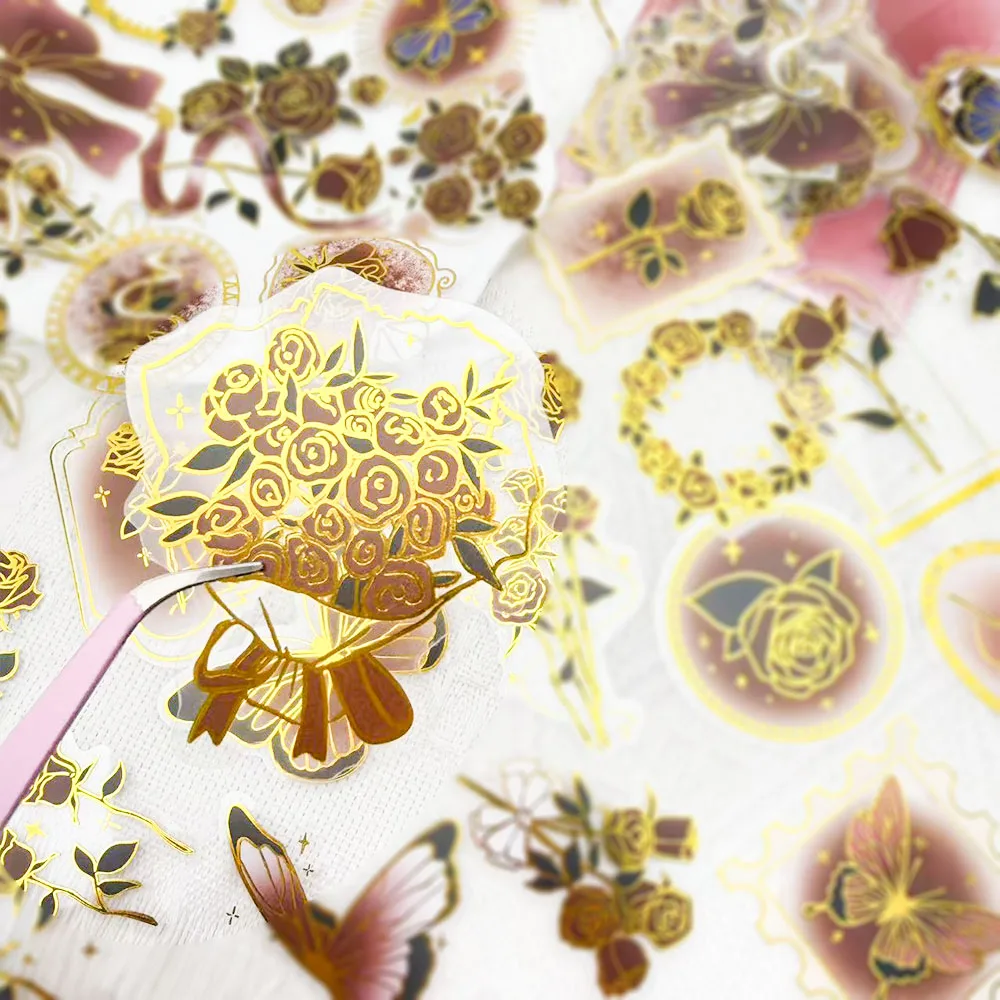 50pcs Retro Rose Handwriting Gold Stamping PET Stickers Decals For Laptop Phone Scrapbook Luggage Guitar DIY Aesthetic Stickers