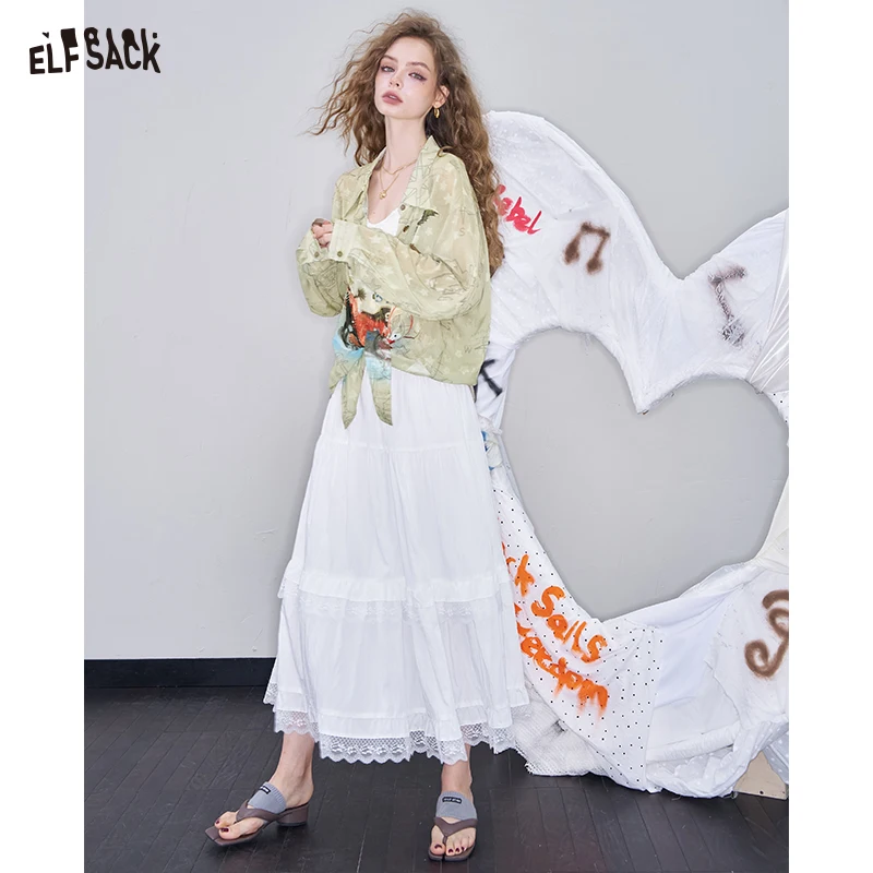 ELFSACK 2025 Summer New Arrivals Lightweight Long Sleeve Printed Shirt for Women Unique Summer Blouse