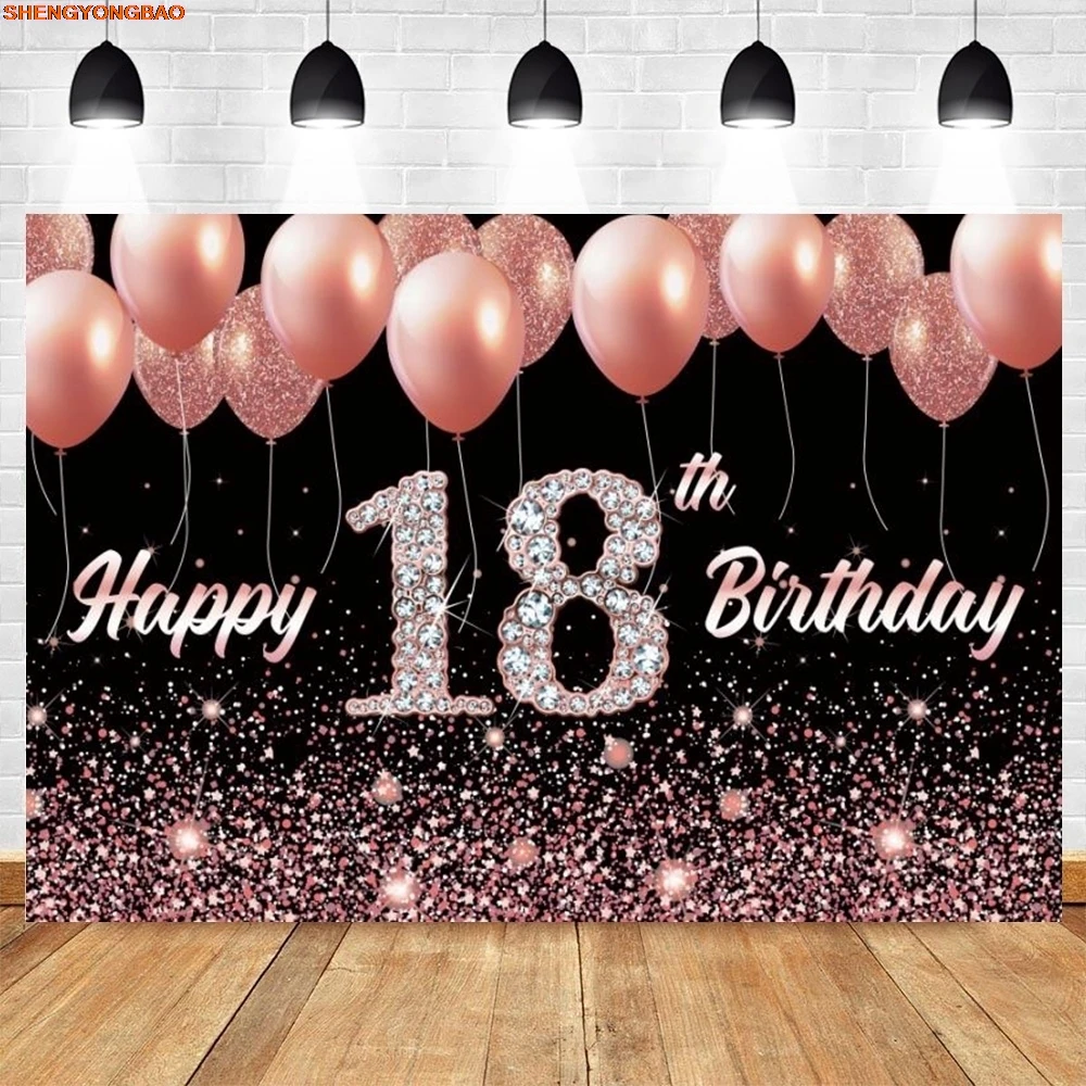 18th Birthday Party Backdrop Banner Black Gold Glitter Balloons Boy Girl 18 Years Old Birthday Customize Photography Background