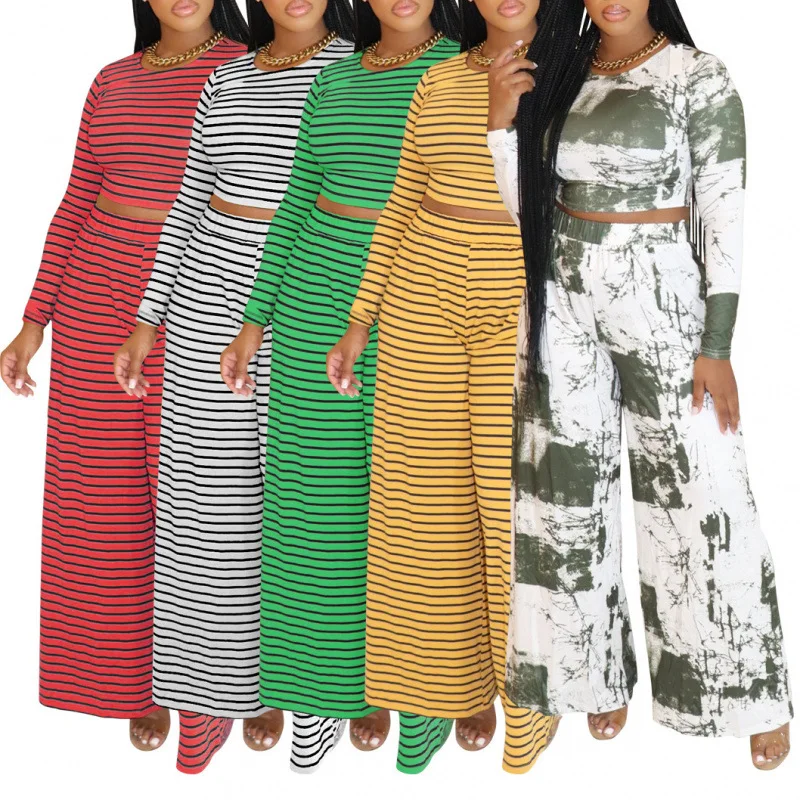 

Pant Set Women Two Piece Sets Round Neck Full Sleeve Tops Striped Wide Leg Long Pants Elastic Waist Y2k Streetwear Spring 2026