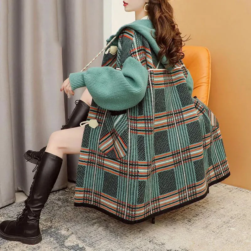 2022 Button Sweater Cardigan Coat Women Retro Plaid Autumn Winter New Loose Coats Pocket Fashion Overcoat Mid-Long Outerwear