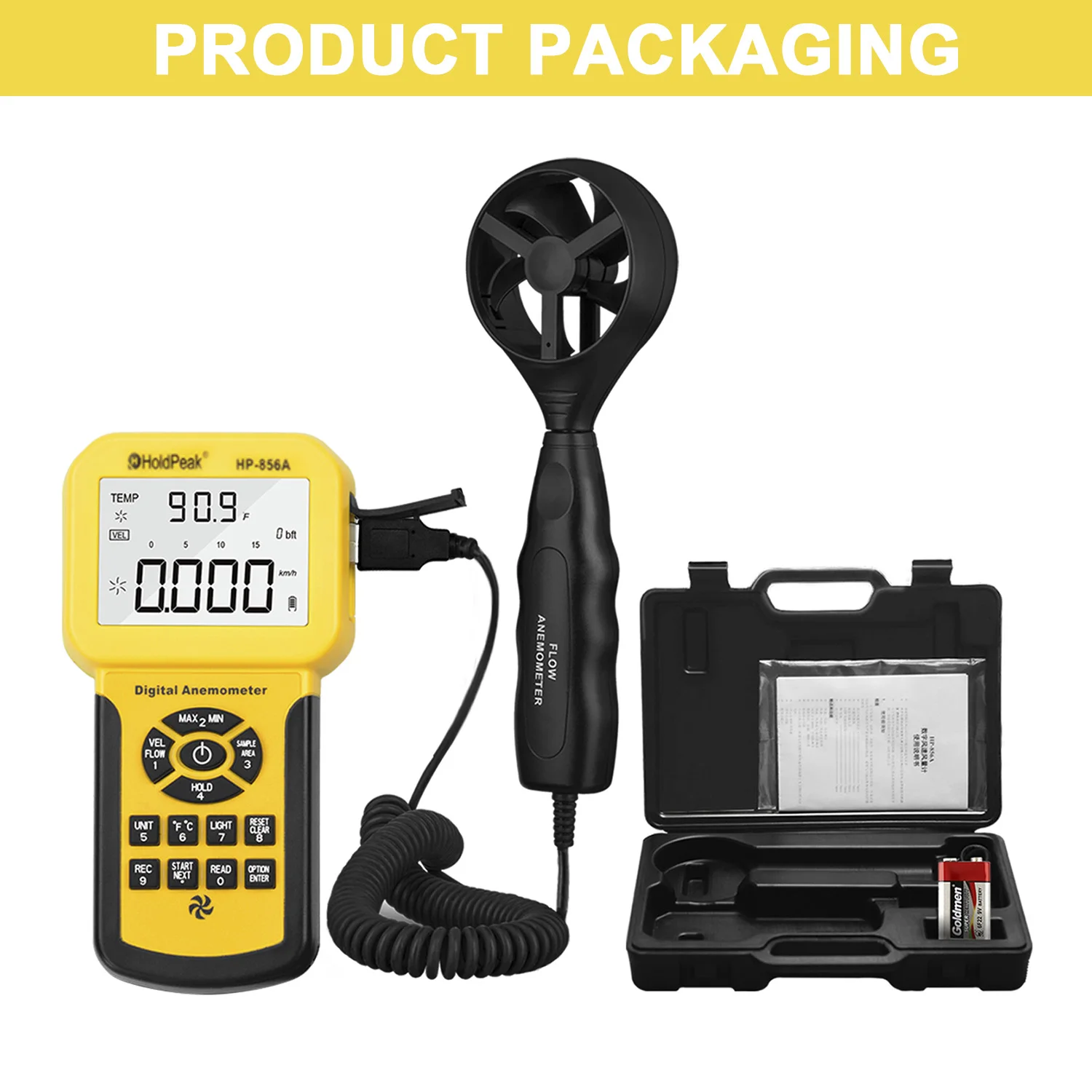 HoldPeak HP-856A 0.001 Counts Digital Anemometer,PC Data Record /Handheld Wind Speed Air Volume with Logger,Carry Case