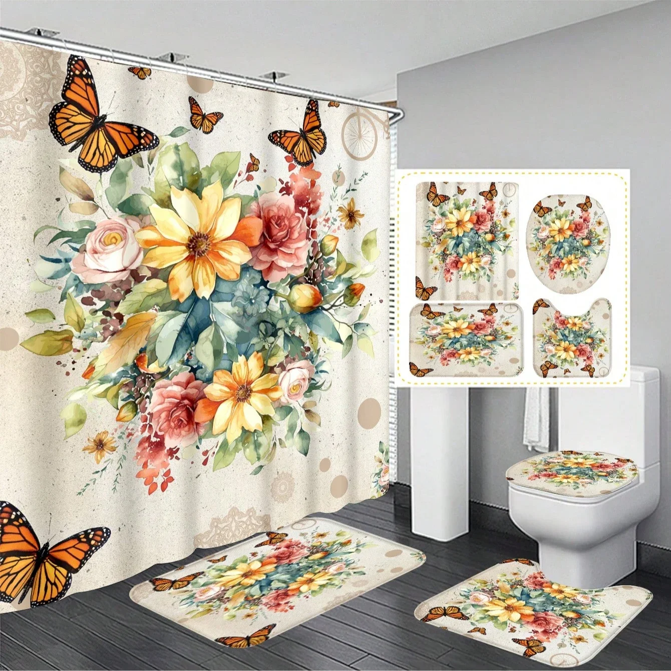 4pcs Modern style printing Shower Curtain Set With 12 Hooks, Anti-Slip Bathroom Mat, U-Shaped Toilet Rug, Bathroom Curtain Set