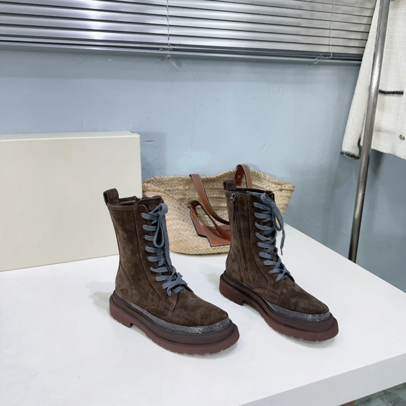 The autumn winter new leather Vintage round head Women boots short sole thick laces englun winter Outdoor mountain mountain boots nude women