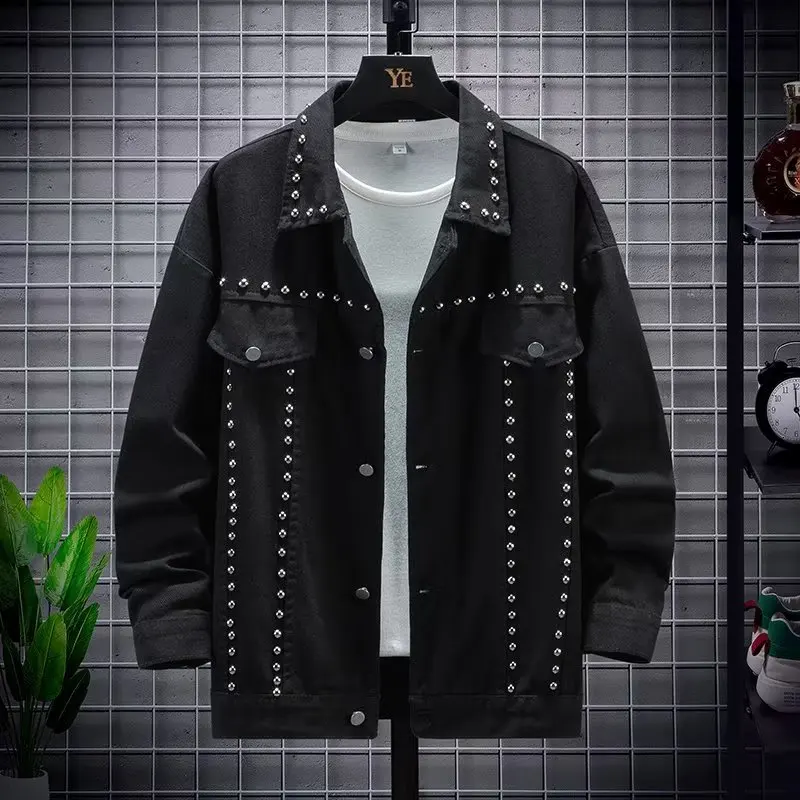 

Fall Men's Denim Jaet Casual Turn-down Collar Loose Fit Rivet-embellied Casual Chic Top Faion Urban Sle Long Sve