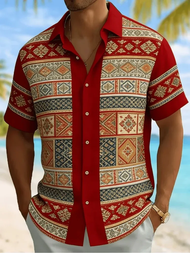 Men's Fashion Ethnic Print Short Sleeve Button Down Shirt Trendy Summer Style for Vacation Party Gathering Daily Tops