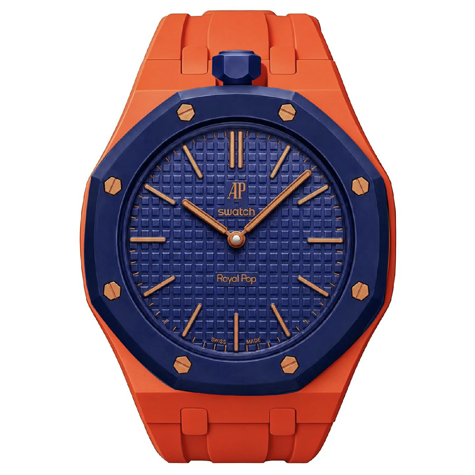 For Swatch Royal Pop Watch Band Scratch-Resistant Silicone Integrated Strap with Ceramic Watch Case - Orange-red / 12 O'cloc