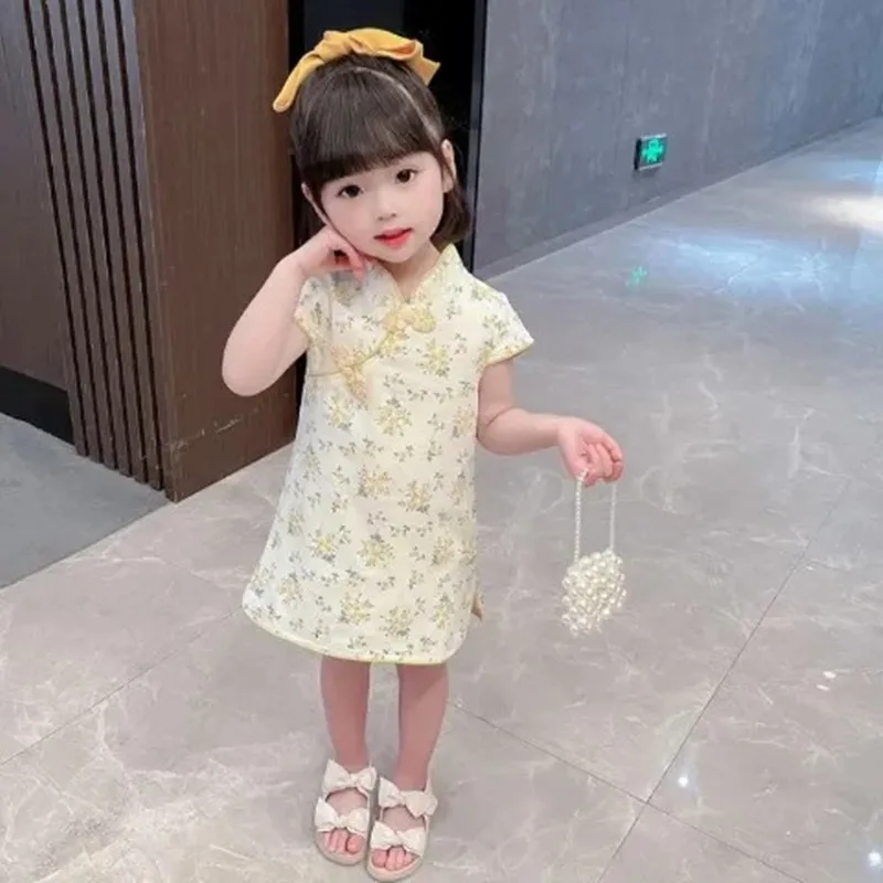 Girls Cheongsam Dress New Summer Dress Little Girl Baby Hanfu Princess Dress Children's Chinese Style Short Sleeve Floral Dress