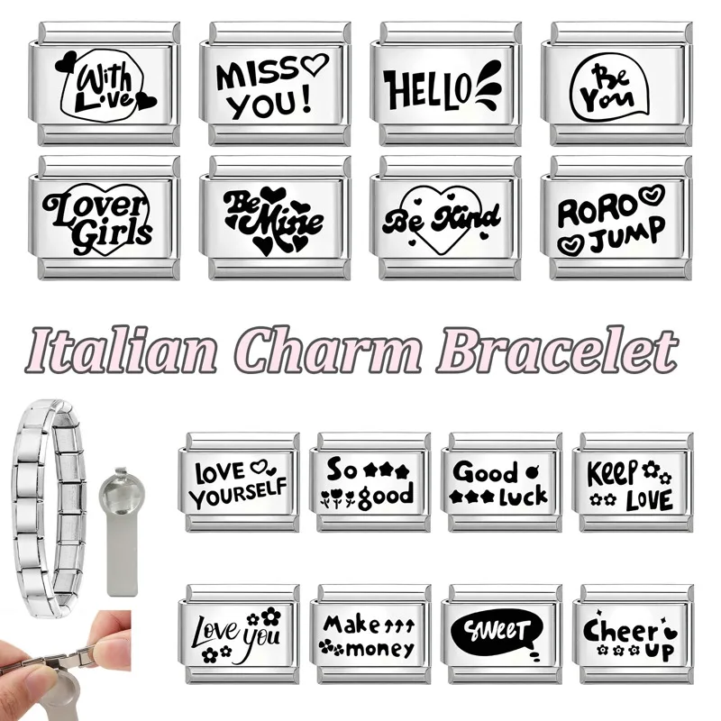 Grabado láser te amo corazón mamá papá perros pastel italiano encanto enlaces ajuste 9mm pulsera de acero inoxidable mujeres DIY hacer regalos