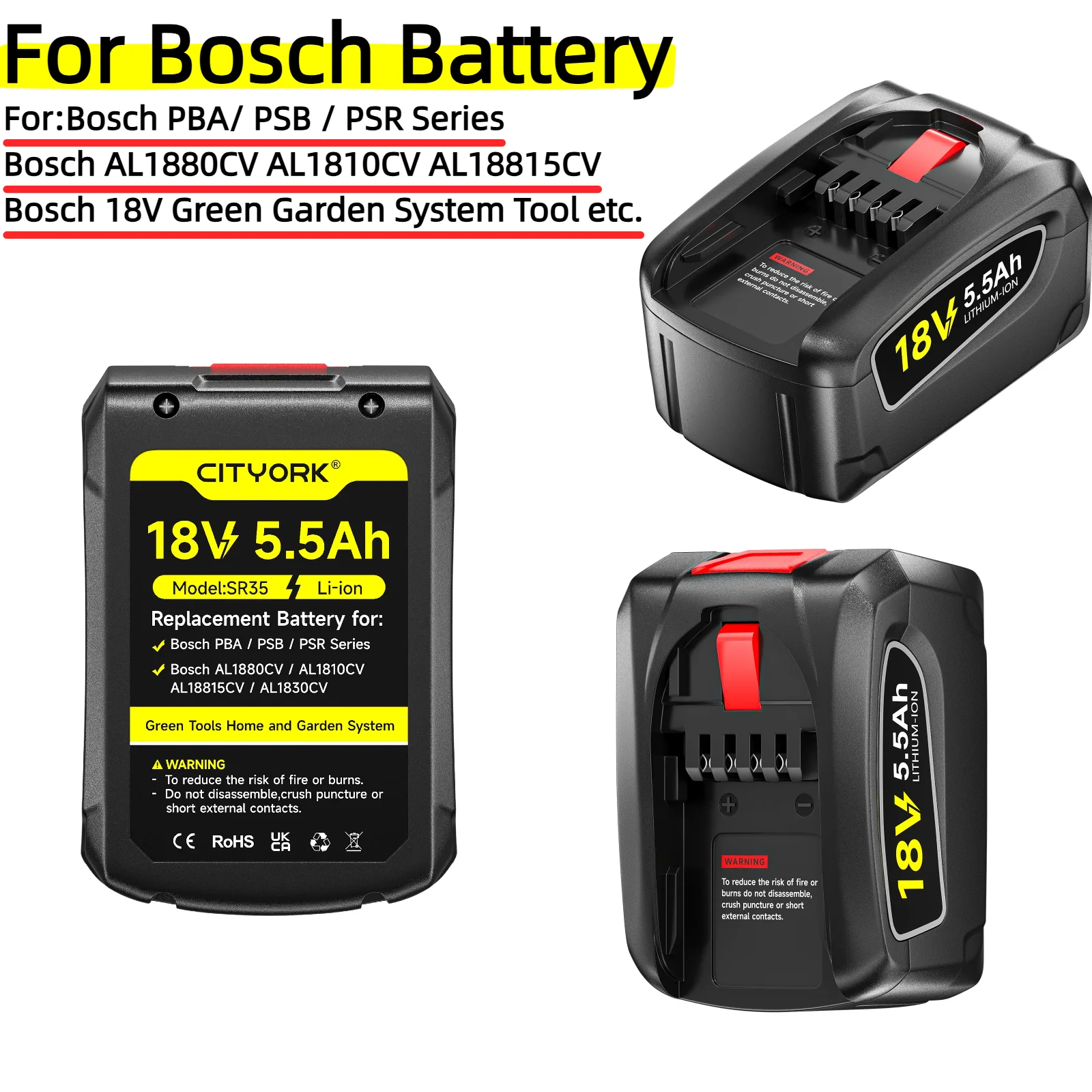 

18V 5500mAh For Bosch Battery PBA PSB PSR Series, AL1880CV AL1810CV AL18815CV AL1830CV,Bosch 18V Green Garden System Tool etc.