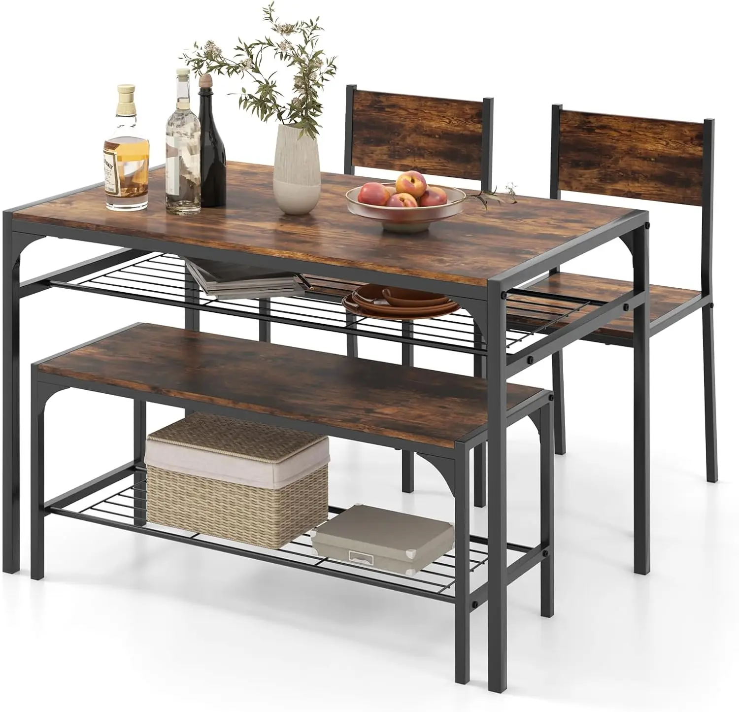 

4 Pieces Dining Table Set, Kitchen Table and 2 Chairs for 4 with Bench, Storage Racks, Metal Frame & Space-saving Design,