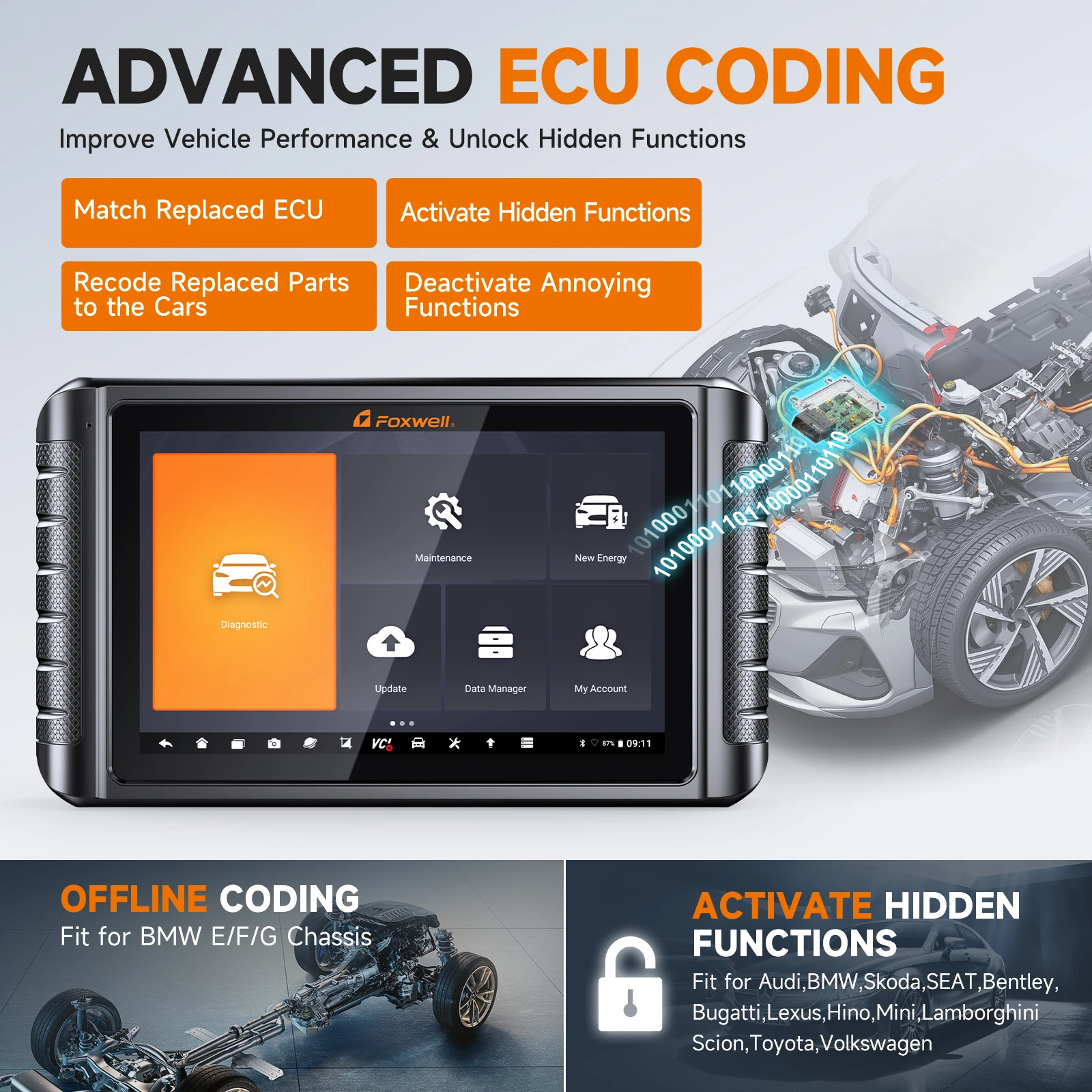 FOXWELL NT1009 CAN FD DOIP 10.1 بوصة Obd2 أداة مسح ثنائية الاتجاه بلوتوث مع خريطة الطوبولوجيا جميع الماسح الضوئي للنظام TPMS ECU الترميز