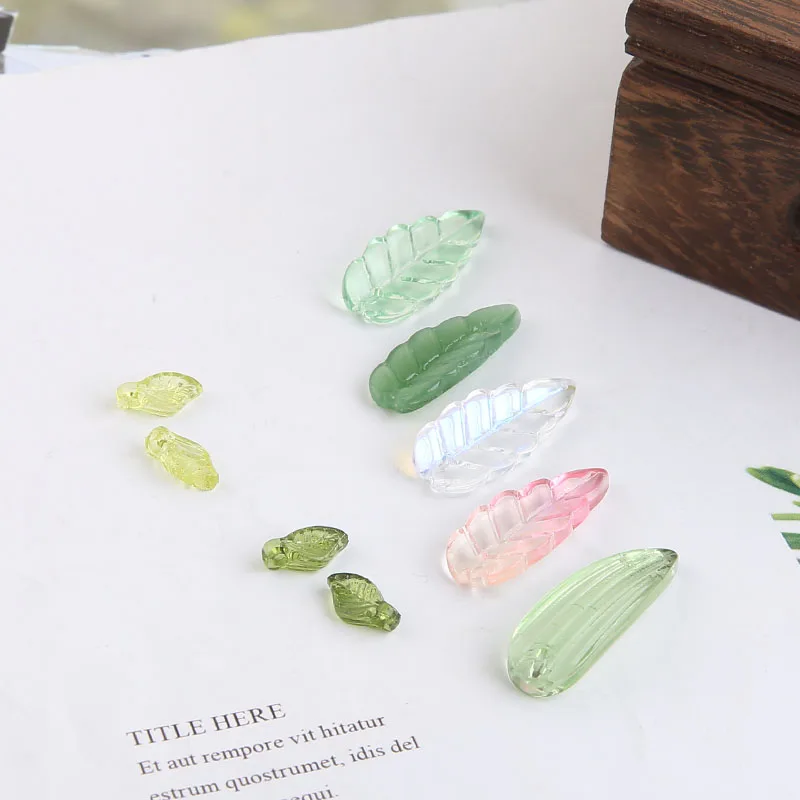 10pcs Diy Accessories Glass Petals Green Leaves Long Leaves Ancient Style Headdress Earrings Pendant Material Pendant Charms