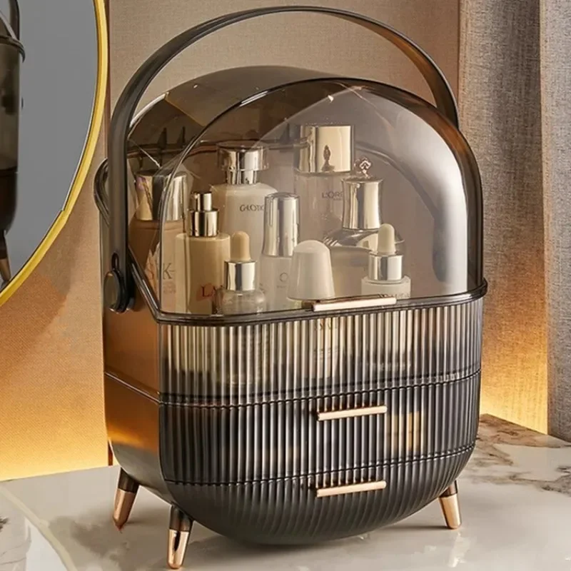 

Ящик для хранения косметики, большая вместимость, органайзер для макияжа, ящики, пылезащитные витрины для туалетного столика, держатель для кистей для макияжа с крышкой
