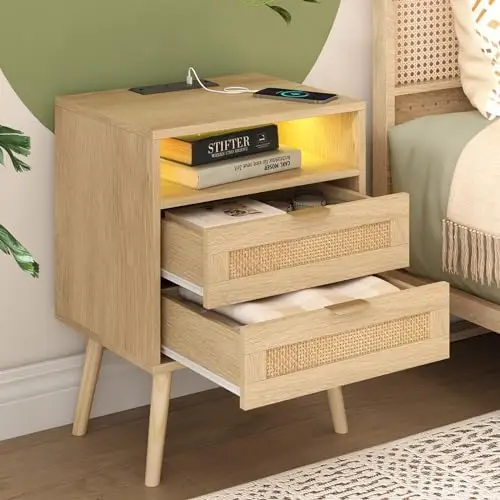 

Rattan Nightstand with Charging Station USB Port Led Lights and 2 Storage Drawers, Bedroom Furniture Night Stand Bedside Table B